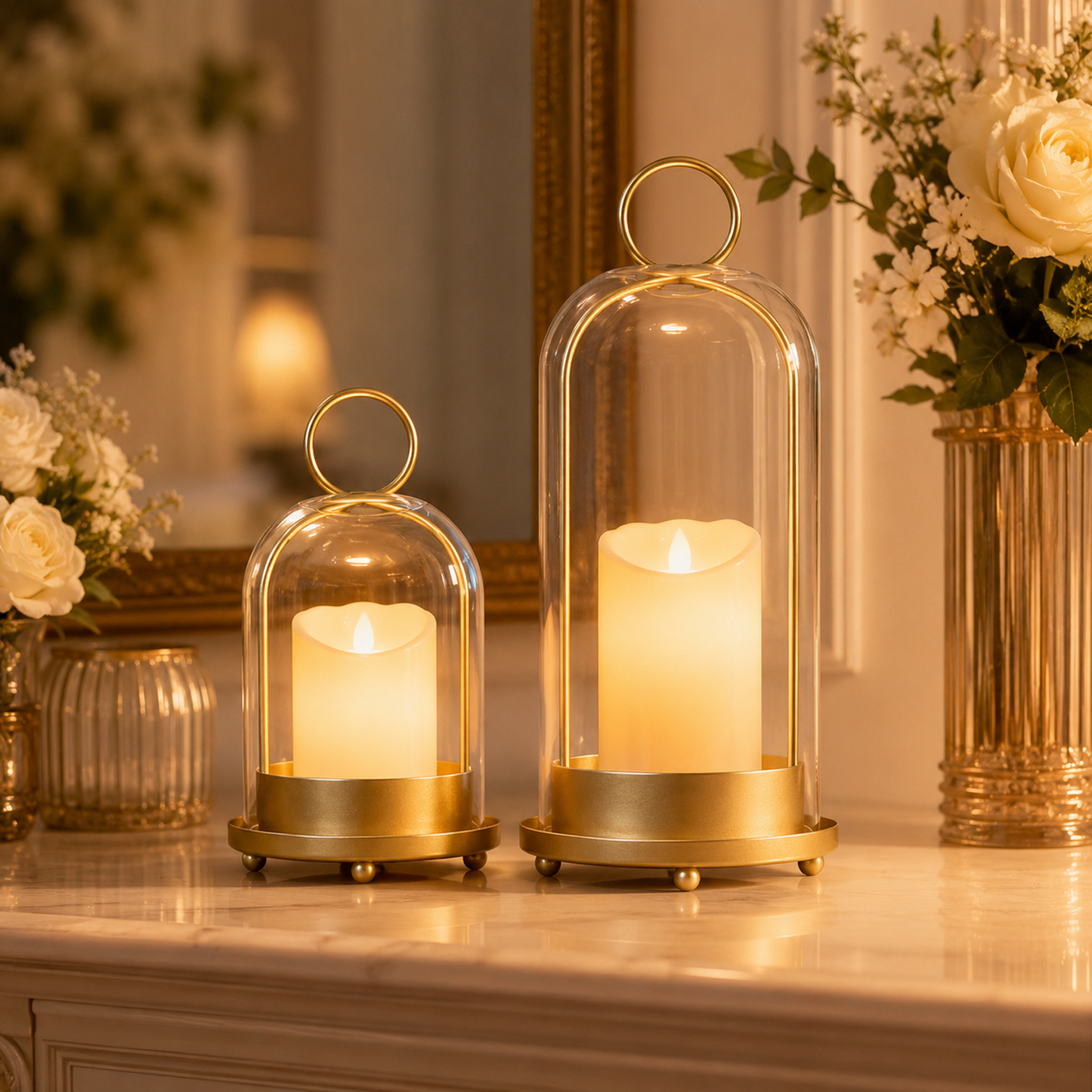 Hurricane Glass Candle Holders Set of 2, 5" & 4" Metal Candle Holder with Glass Dome, Candle Lantern for Pillar Candles, Table Centerpiece Home Decor
