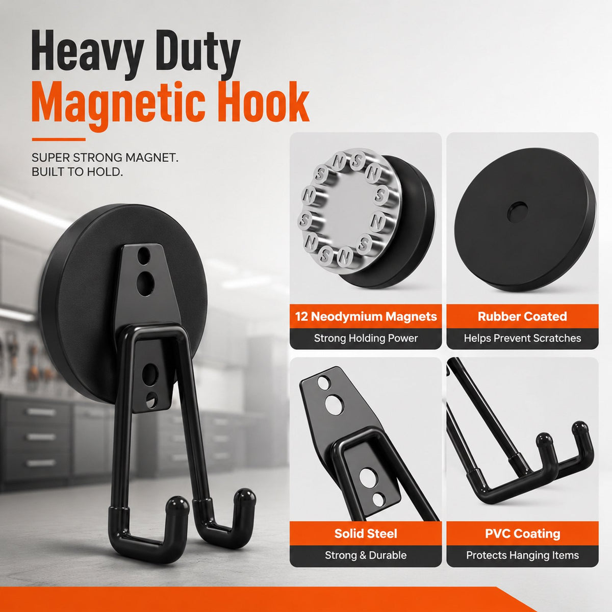 Heavy Duty Magnetic Hooks, 4 Pack Black Rubber Coated Magnet Hooks for Garage Tool Storage, Large Magnetic Hook for Power Drill, Garden Tools, Hose, Pegboard, Workshop & Indoor Outdoor Hanging