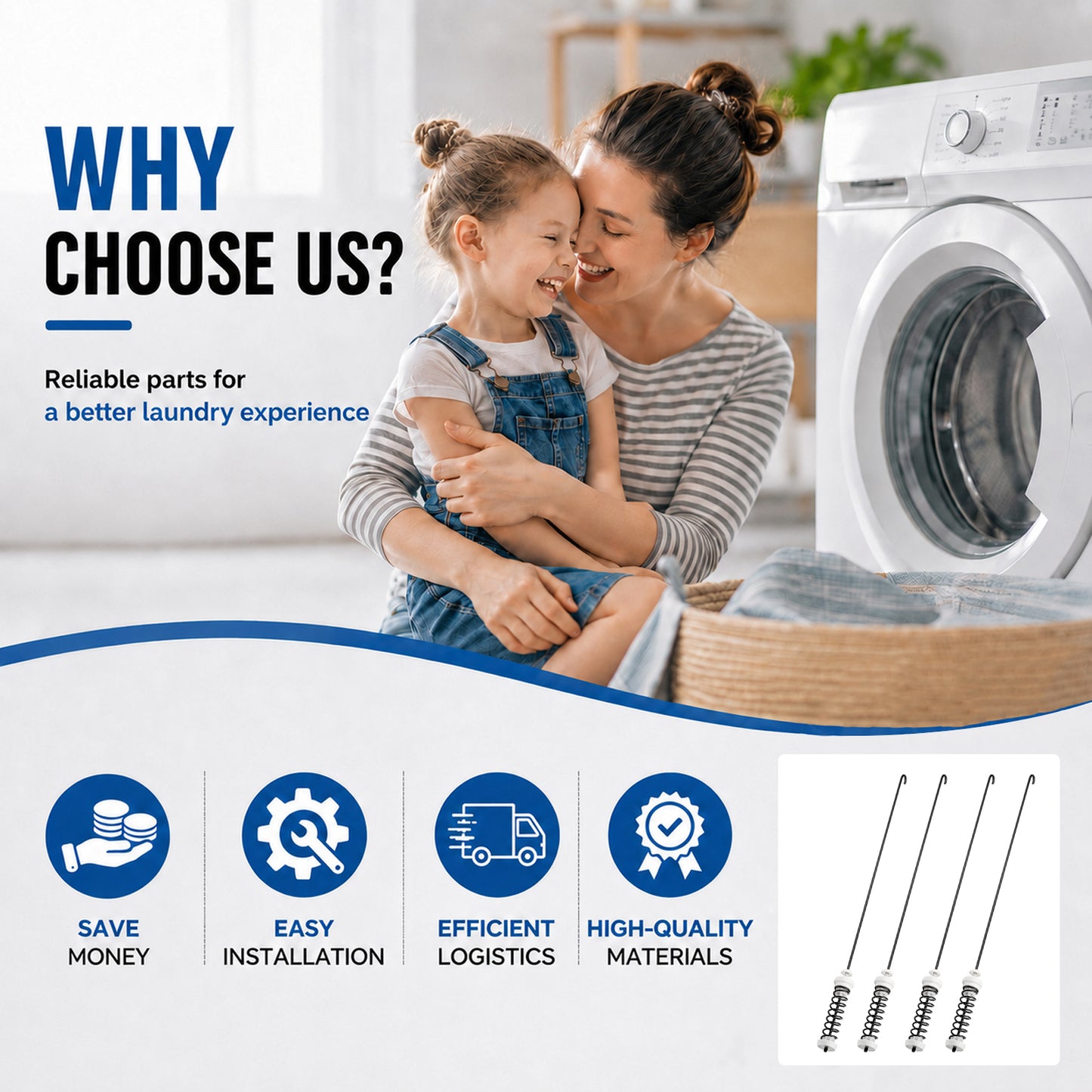 Washer Suspension Rods Kit 4 Pcs, Suspension Rods Compatible with Whirlpool Kenmore Maytag Washer Parts Replacement, Heavy Duty Repair Kit