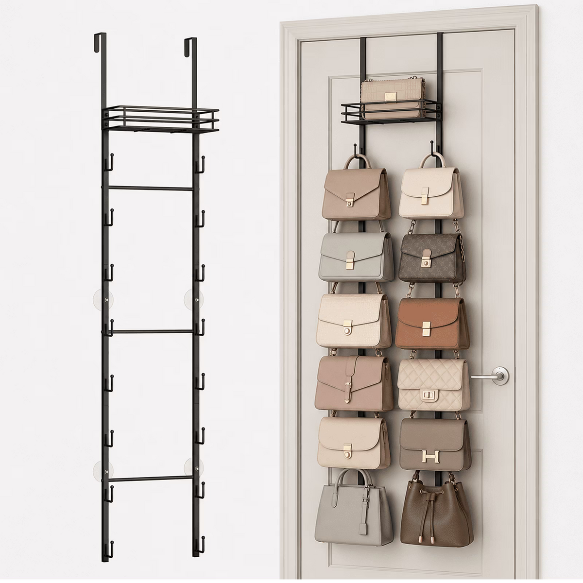 Over the Door Purse Organizer with 16 Hooks — Wall-Mounted Handbag Rack with Metal Basket, Closet Storage for Bags, Hats & Accessories