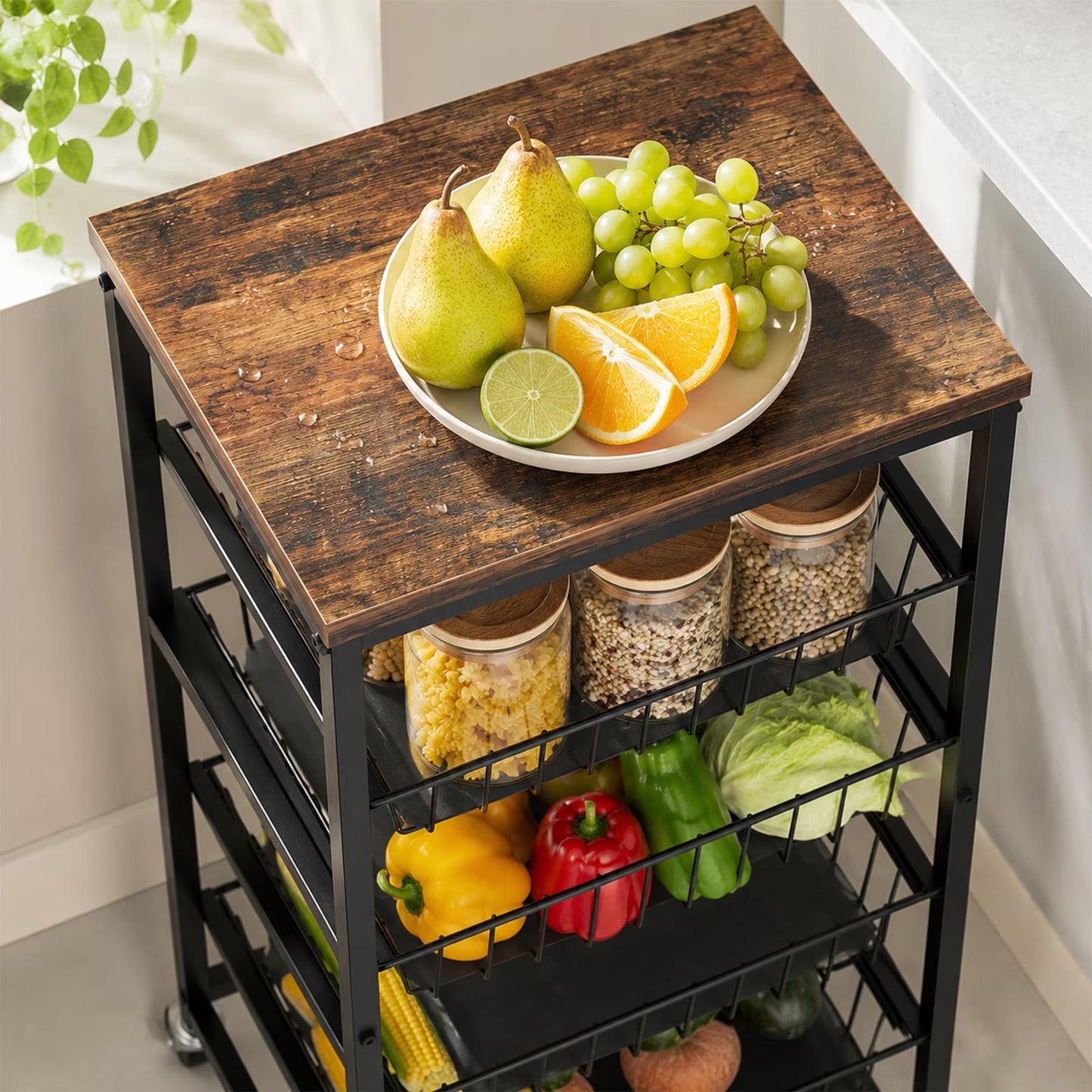 4 Tier Wheeled Snack Storage Trolley with Wooden Top & Pull Out Baskets, Mobile Rolling Fruit Vegetable Organizer Cart, Multiuse Rolling Storage Unit for Kitchen Pantry and Living Room, Brown