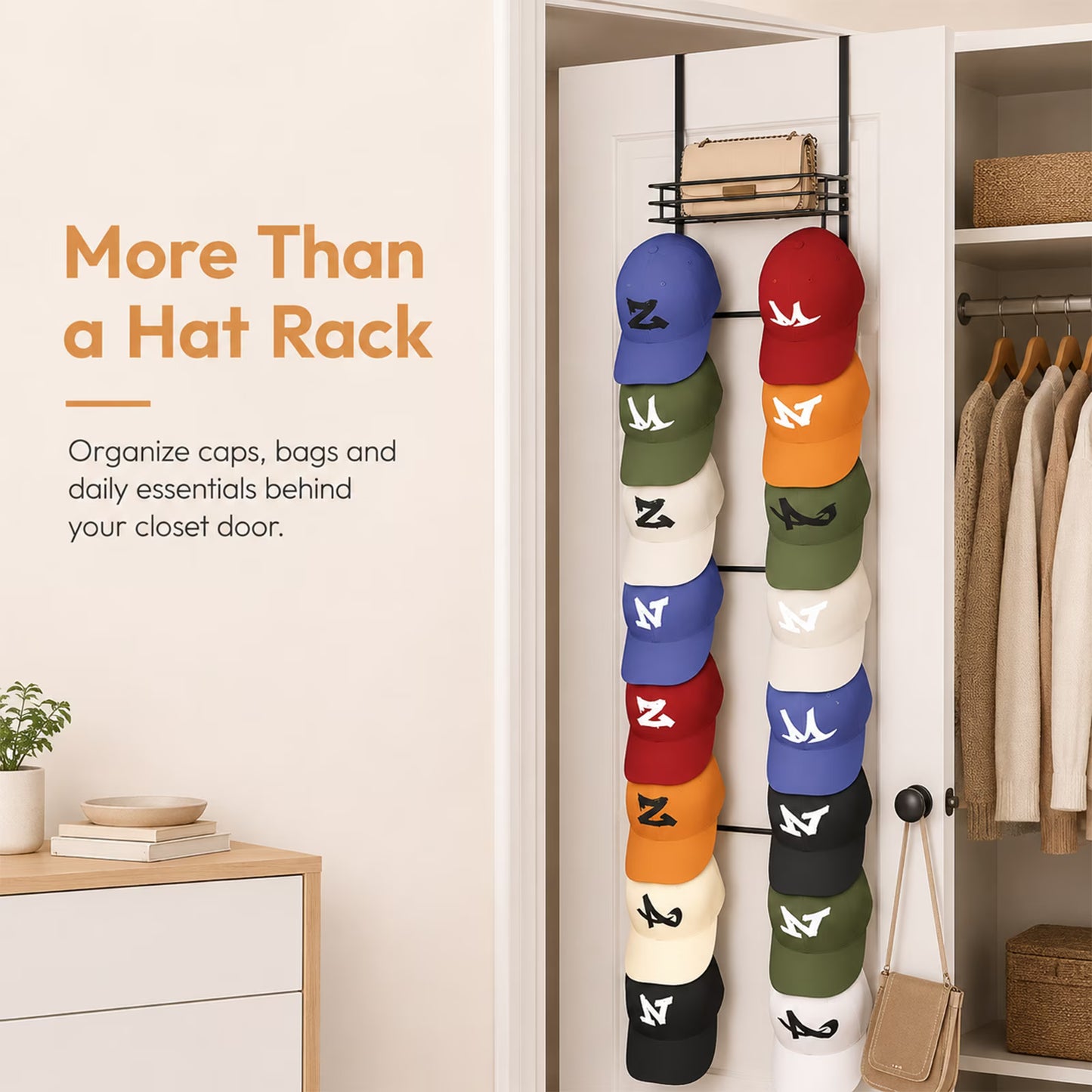 Over the Door Purse Organizer with 16 Hooks — Wall-Mounted Handbag Rack with Metal Basket, Closet Storage for Bags, Hats & Accessories