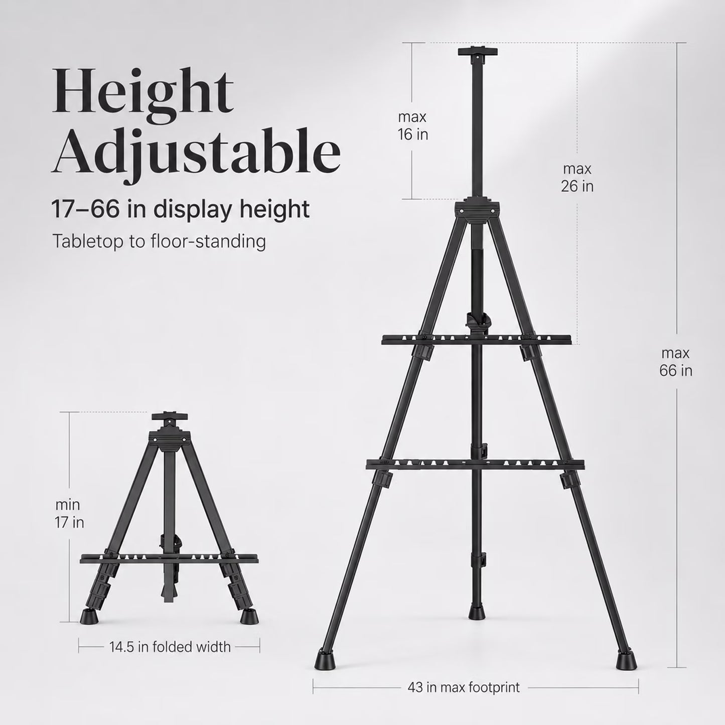 Painting Easel and Display Stand, Adjustable 18-66 Inch Folding Metal Easel Stand for Sign, Portable Tabletop/Floor Canvas Stand for Adults, Teens, Studio, Classroom and Events