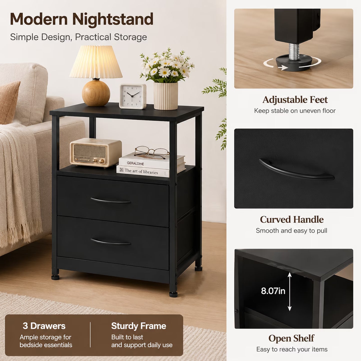 Wooden Nightstand with LED Light, 3 Drawers, 2-Tier Shelf & Charging Station, Bedside Table for Home & Office