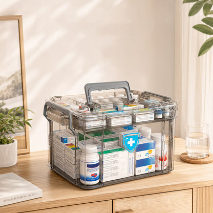 2-Tier Medicine Organizer, Portable Plastic Medical Box with Handle, Dual-Layer Storage Case for Pills and First Aid Supplies at Home