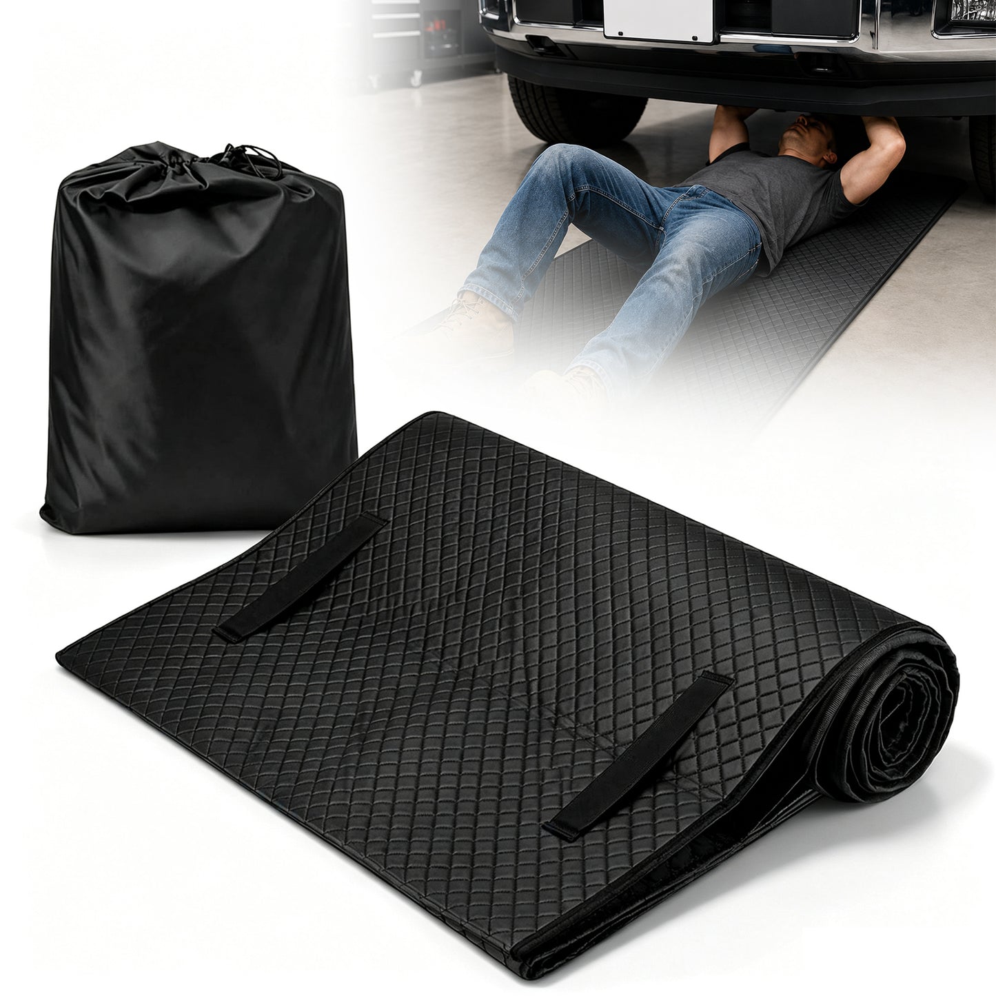 Rolling Creeper Mat, 60"x28" Low Ground Clearance Under Car Mechanic Pad with Storage Bag, Portable 3-Layer Auto Repair Roller Mat for All Vehicles & Terrains, Ground Work Maintenance Tool, Black