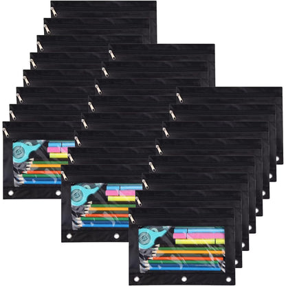 24 Packs Black Pencil Pouch for 3 Ring Binder, Binder Pouches with Zipper, 9.8 x 7.3 in Clear Window Zipper Pouch, Oxford PVC