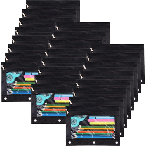 24 Packs Black Pencil Pouch for 3 Ring Binder, Binder Pouches with Zipper, 9.8 x 7.3 in Clear Window Zipper Pouch, Oxford PVC