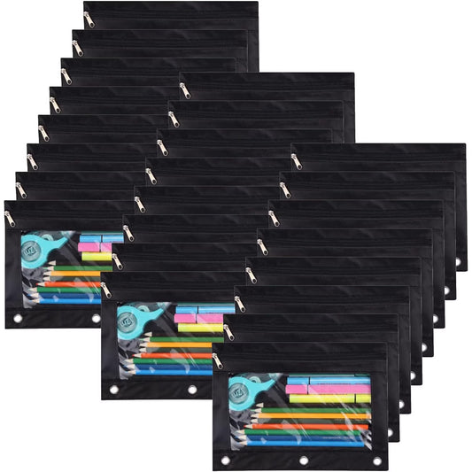 24 Packs Black Pencil Pouch for 3 Ring Binder, Binder Pouches with Zipper, 9.8 x 7.3 in Clear Window Zipper Pouch, Oxford PVC