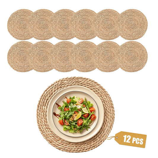 12-Pack Round Woven Placemats — 13.8" Boho Rattan Chargers for Dining Table, Straw Braided Place Mats for Farmhouse & Wedding Decor