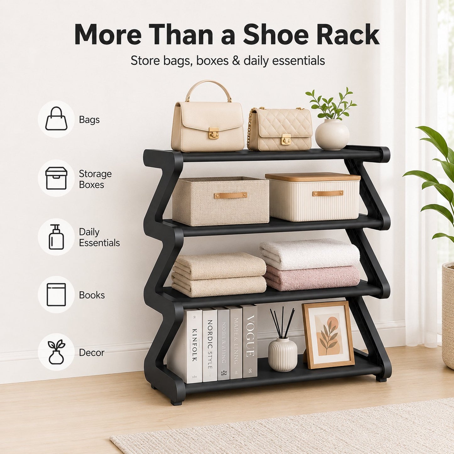 4-Tier Z-Shaped Shoe Rack, Freestanding Plastic Shoe Storage Organizer with Gold Connectors, Stackable Shoe Shelf for Entryway Closet Living Room, Black