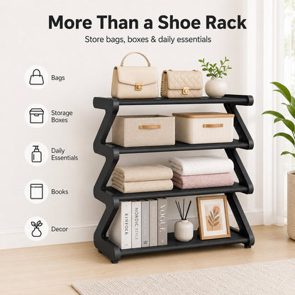 4-Tier Z-Shaped Shoe Rack, Freestanding Plastic Shoe Storage Organizer with Gold Connectors, Stackable Shoe Shelf for Entryway Closet Living Room, Black
