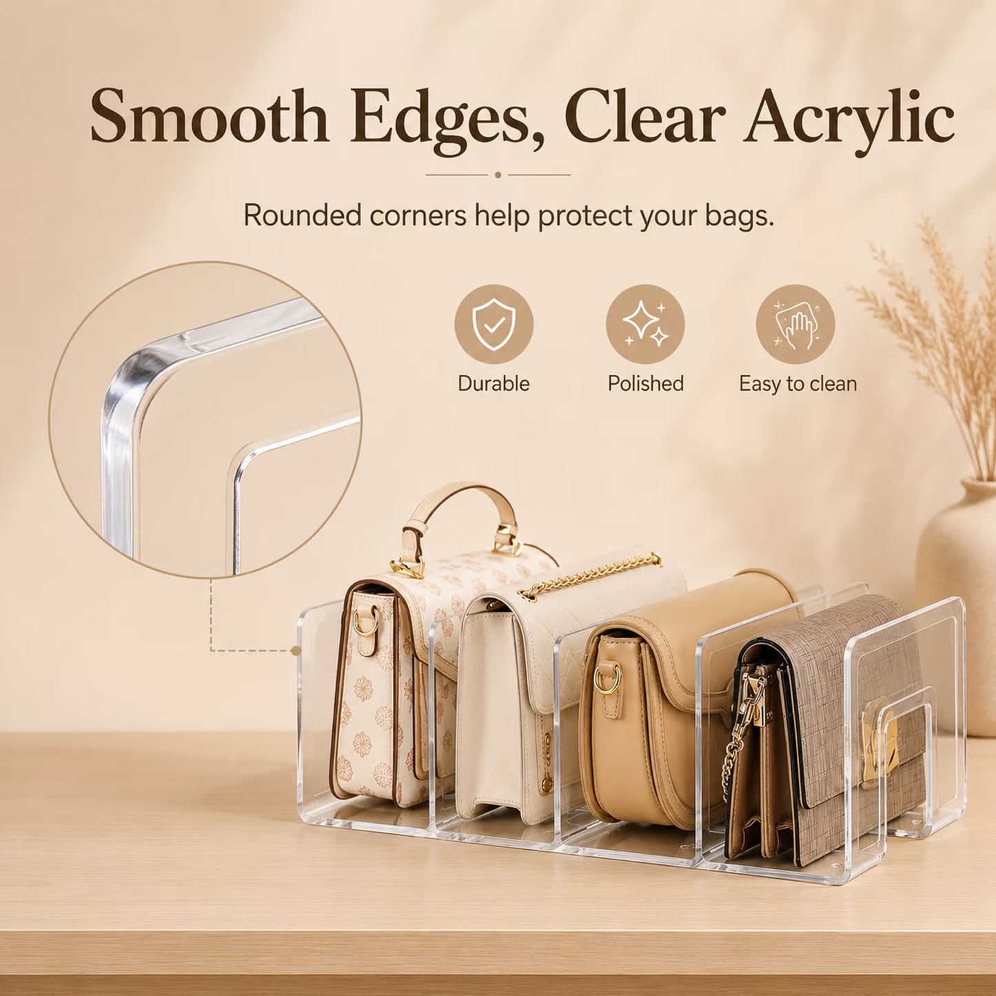 2-Pack Clear Acrylic Closet Shelf Dividers, Compartment Organizer for Handbags, Wallets, Pouches and Fashion Accessories