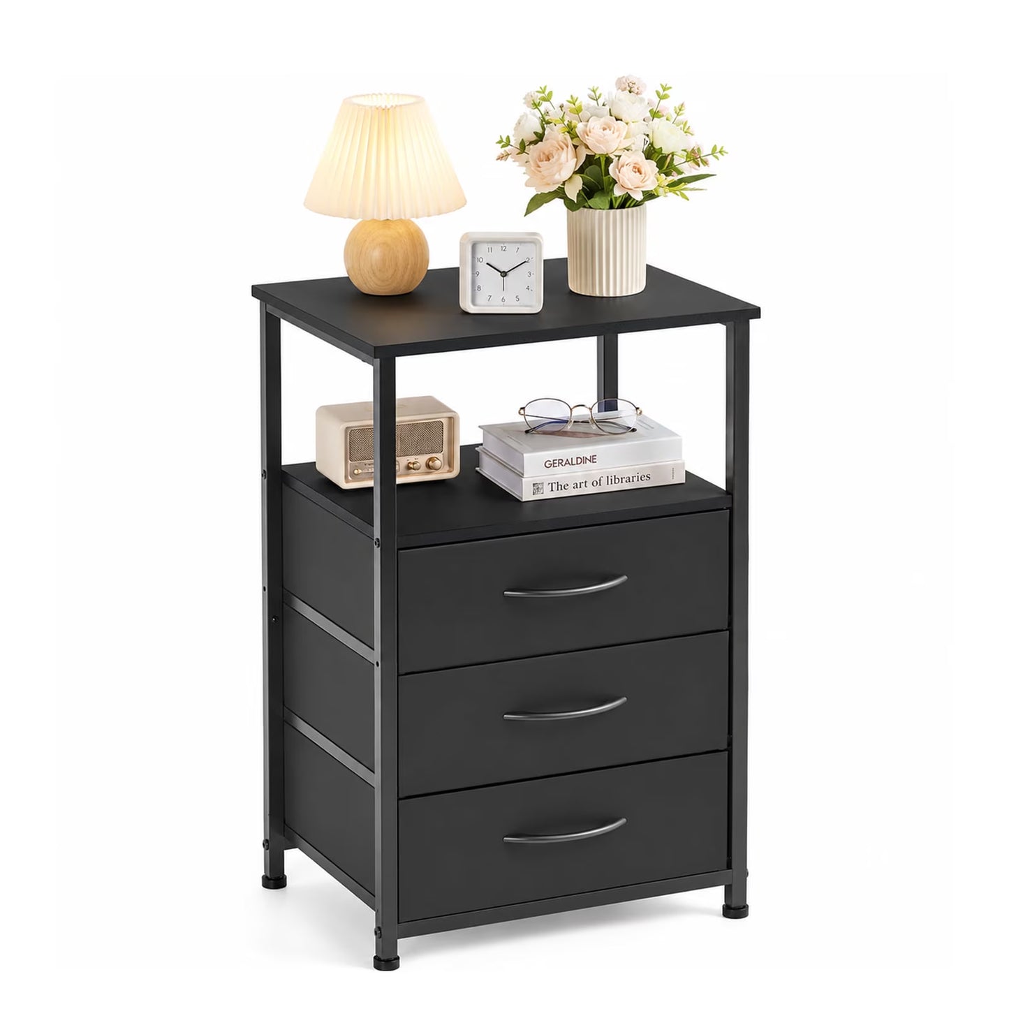 Wooden Nightstand with LED Light, 3 Drawers, 2-Tier Shelf & Charging Station, Bedside Table for Home & Office