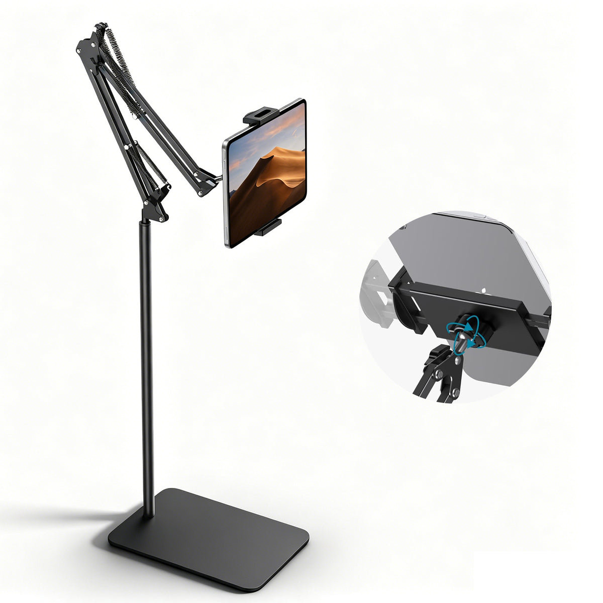 Tablet Floor Stand with Metal Base, 55'' Adjustable Height Angle Overhead Holder, Universal Floor Stand for most tablets & smartphones
