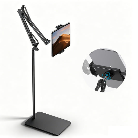 Tablet Floor Stand with Metal Base, 55'' Adjustable Height Angle Overhead Holder, Universal Floor Stand for most tablets & smartphones