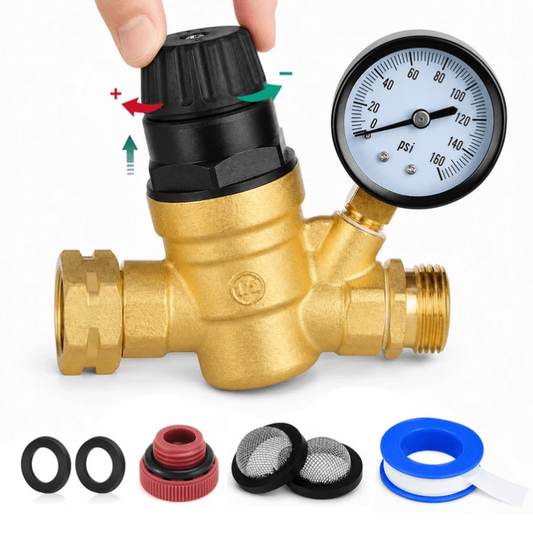 RV Water Pressure Regulator with Gauge, Adjustable Brass Water Pressure Reducer for RV Camper, 0-160 PSI Regulator Valve with Inlet Screen Filter