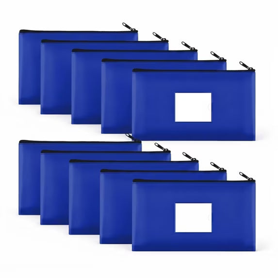 10 Pack Money Bags with Zipper, 11.5 x 6.2 in Blue PU Leather Bank Deposit Bags with Label Window, Cash Pouch for Bills, Receipts, Coins, Checks, Office Tools