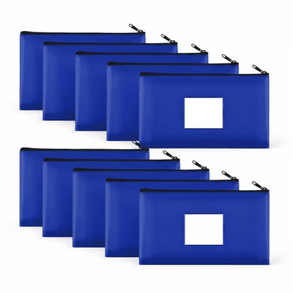 10 Pack Money Bags with Zipper, 11.5 x 6.2 in Blue PU Leather Bank Deposit Bags with Label Window, Cash Pouch for Bills, Receipts, Coins, Checks, Office Tools