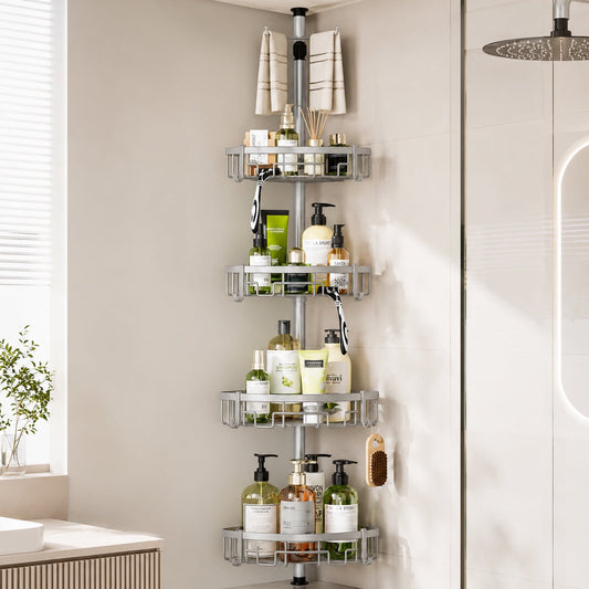 Corner Shower Caddy Tension Pole, 4-Tier Rustproof Bathroom Storage Shelf, Adjustable 62-115 Inch Bathtub Organizer, Silver
