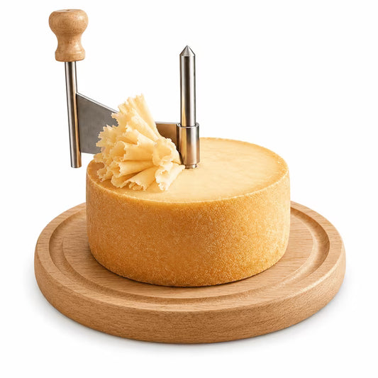 Cheese Curler with Wooden Base, Stainless Steel Girolle Cheese Shaver Wheel for Tete de Moine Cheese, Chocolate & Charcuterie Boards