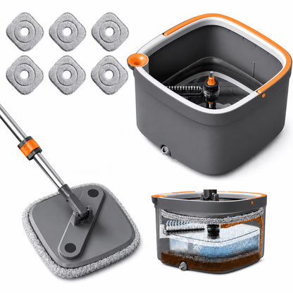 Square Spin Mop and Bucket Set, Clean & Dirty Water Separation, Hands-Free Self-Wringing, 6 Machine Washable Microfiber Pads for Multi-Floor Compatible