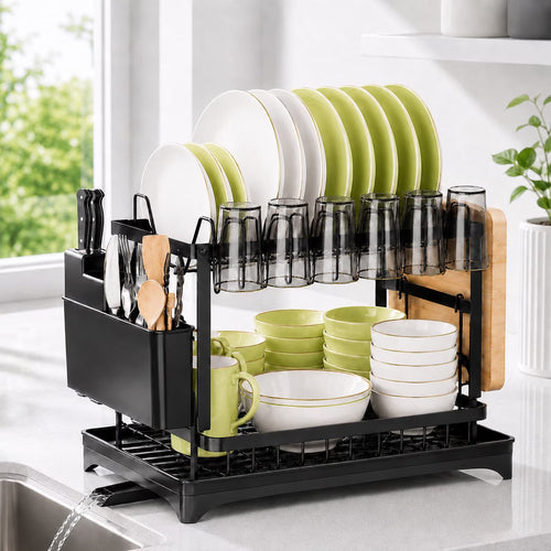 2-Tier Dish Drying Rack for Kitchen Counter, Stainless Steel Dish Drainer with Swivel Spout, Utensil Holder & Cutting Board Rack, Large Capacity Space Saver