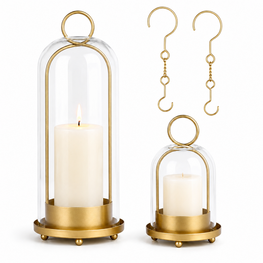 Hurricane Glass Candle Holders Set of 2, 5" & 4" Metal Candle Holder with Glass Dome, Candle Lantern for Pillar Candles, Table Centerpiece Home Decor