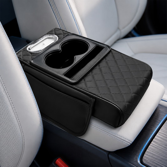 5 in 1 Car Armrest Cover, Black Nappa Leather Center Console Organizer with Car Tissue Holder, Cup Holder, Phone Holder and 2 Storage Pockets, Armrest Cover for Car SUV Sedan Truck