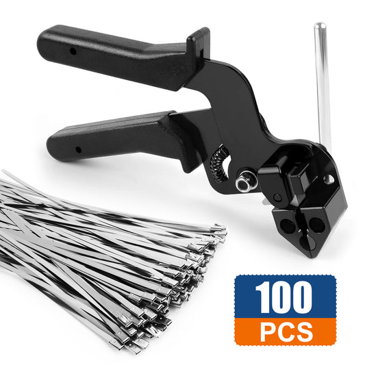Stainless Steel Cable Tie Gun Kit with 100pcs 11.8inch Heavy Duty Metal Zip Ties, Self-Locking Steel Cable Ties for Fence Exhaust Pipe Farm and Outdoor Use