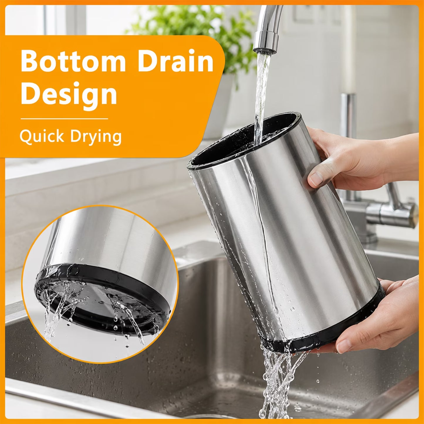 Kitchen Utensil Holder, 360° Rotating Stainless Steel Utensil Holder for Countertop, 3 Compartment Cooking Utensil Holder with Removable Divider, Drainage Base