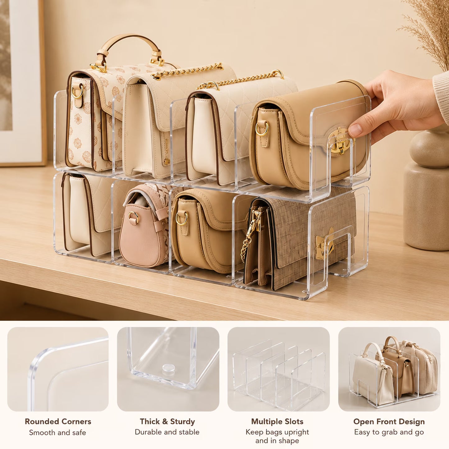 2-Pack Clear Acrylic Closet Shelf Dividers, Compartment Organizer for Handbags, Wallets, Pouches and Fashion Accessories