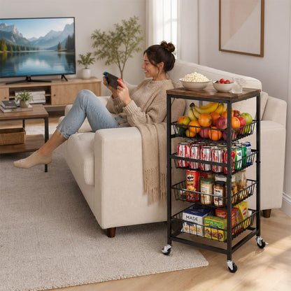 4 Tier Wheeled Snack Storage Trolley with Wooden Top & Pull Out Baskets, Mobile Rolling Fruit Vegetable Organizer Cart, Multiuse Rolling Storage Unit for Kitchen Pantry and Living Room, Brown