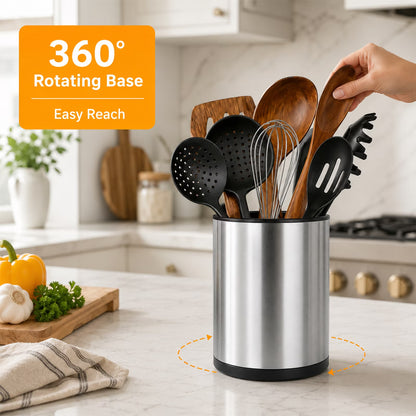 Kitchen Utensil Holder, 360° Rotating Stainless Steel Utensil Holder for Countertop, 3 Compartment Cooking Utensil Holder with Removable Divider, Drainage Base