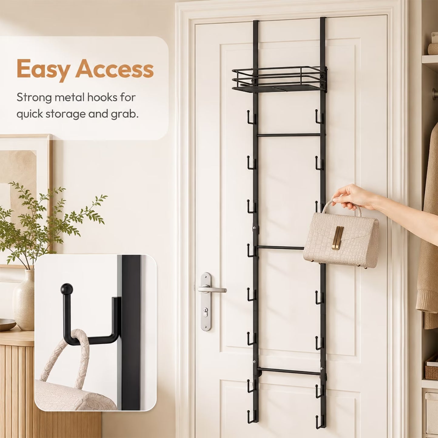 Over the Door Purse Organizer with 16 Hooks — Wall-Mounted Handbag Rack with Metal Basket, Closet Storage for Bags, Hats & Accessories
