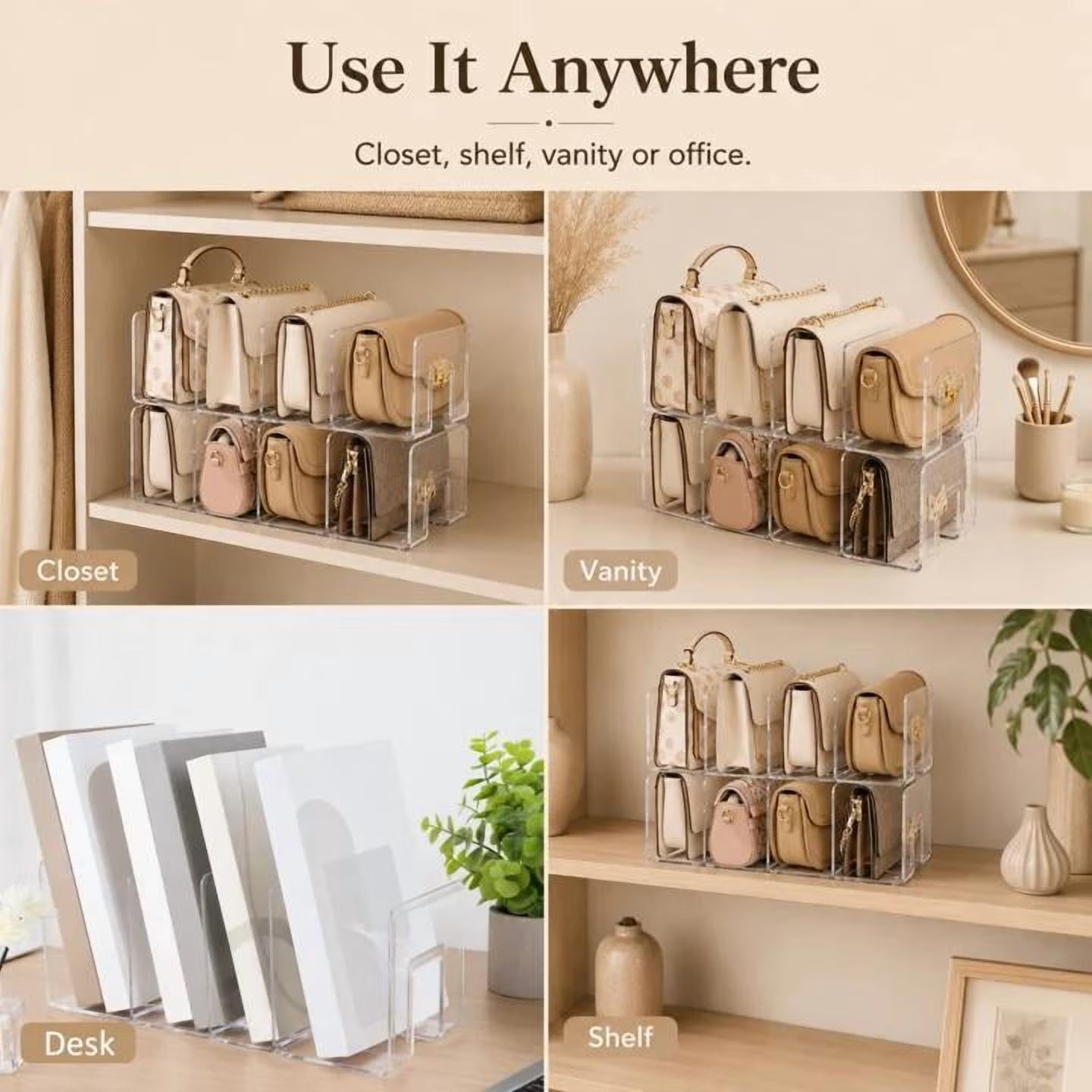 2-Pack Clear Acrylic Closet Shelf Dividers, Compartment Organizer for Handbags, Wallets, Pouches and Fashion Accessories