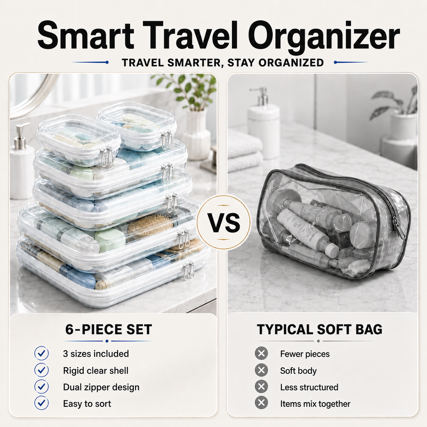 6 Pack Clear Hard Shell Zipper Case,Bag Organizer Pouches, Travel Makeup Bag for Toiletries Electronics, Multi-Size Storage Set with (2L, 2M, 2S)