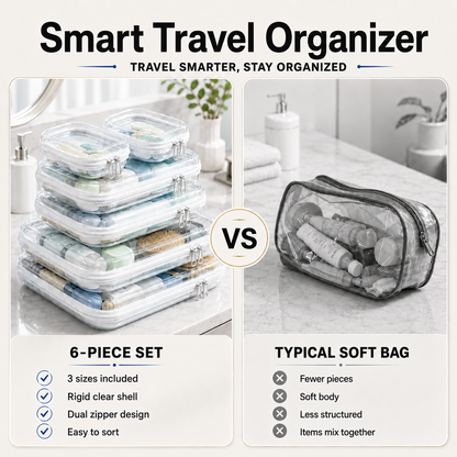 6 Pack Clear Hard Shell Zipper Case,Bag Organizer Pouches, Travel Makeup Bag for Toiletries Electronics, Multi-Size Storage Set with (2L, 2M, 2S)