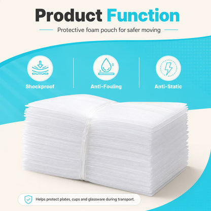 100-Pack Packing Foam Pouches, 8 x 10 in Cushion Sleeves for Dishes, Cups, Glassware and Fragile Items, 0.02 in Thick Packing Supplies for Moving
