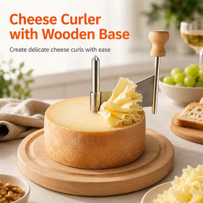 Cheese Curler with Wooden Base, Stainless Steel Girolle Cheese Shaver Wheel for Tete de Moine Cheese, Chocolate & Charcuterie Boards