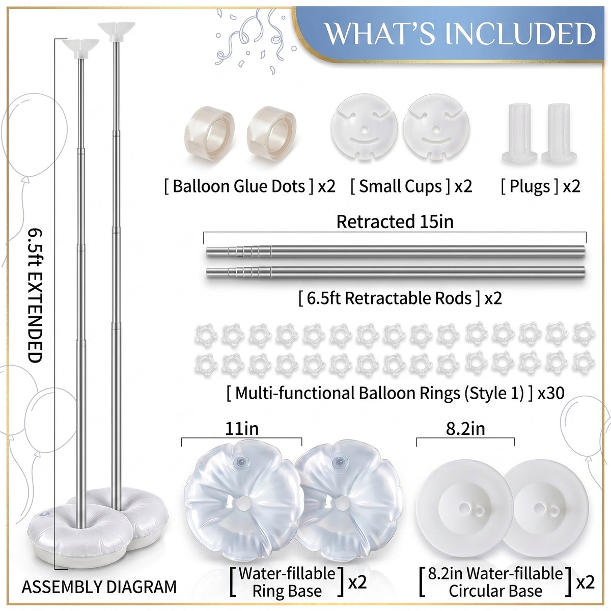 Balloon Column Stand,Balloon Stand Kit Set of 2, Adjustable Balloon Column Stand (1.2ft to 6.5ft), Metal Balloon Stand Kit for Floor & Table, Balloon Tower for Graduation Party Decorations