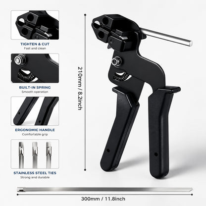 Stainless Steel Cable Tie Gun Kit with 100pcs 11.8inch Heavy Duty Metal Zip Ties, Self-Locking Steel Cable Ties for Fence Exhaust Pipe Farm and Outdoor Use