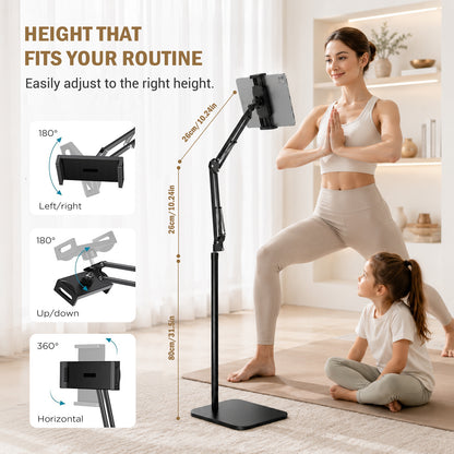 Tablet Floor Stand with Metal Base, 55'' Adjustable Height Angle Overhead Holder, Universal Floor Stand for most tablets & smartphones