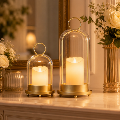 Hurricane Glass Candle Holders Set of 2, 5" & 4" Metal Candle Holder with Glass Dome, Candle Lantern for Pillar Candles, Table Centerpiece Home Decor