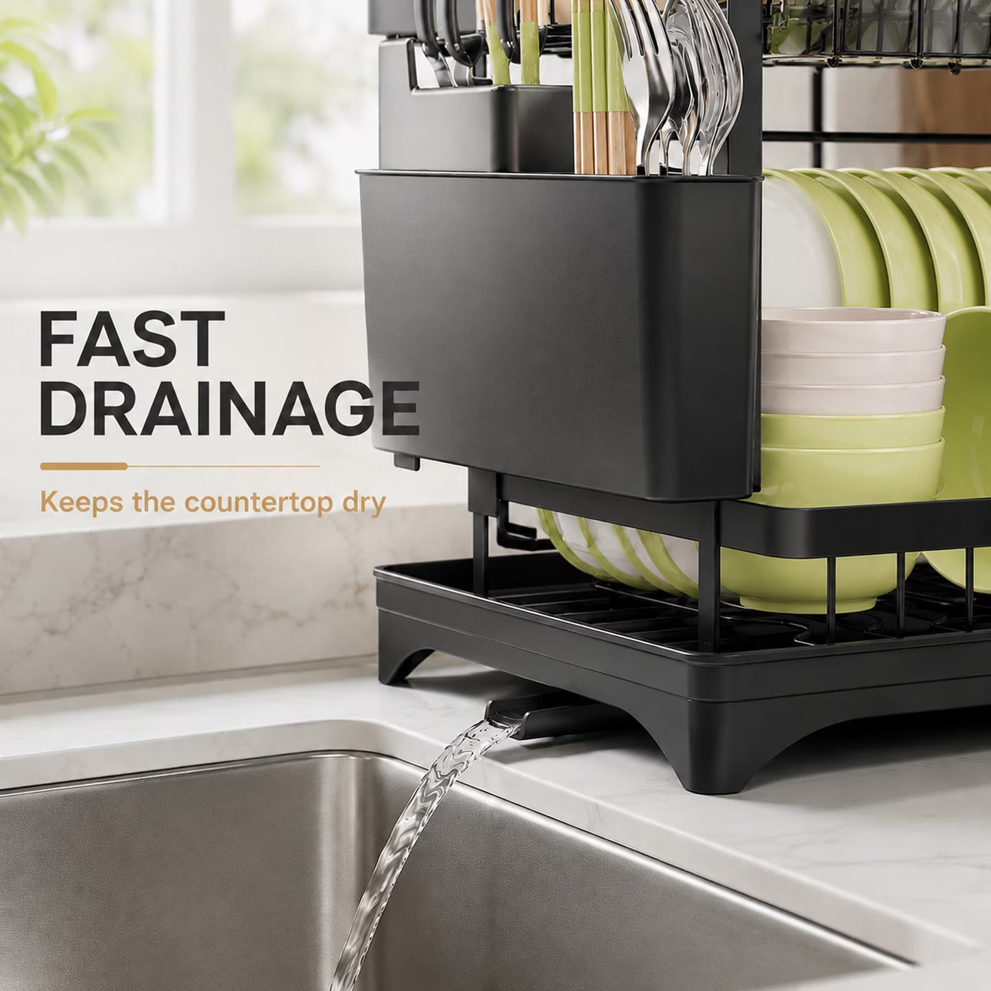 2-Tier Dish Drying Rack for Kitchen Counter, Stainless Steel Dish Drainer with Swivel Spout, Utensil Holder & Cutting Board Rack, Large Capacity Space Saver