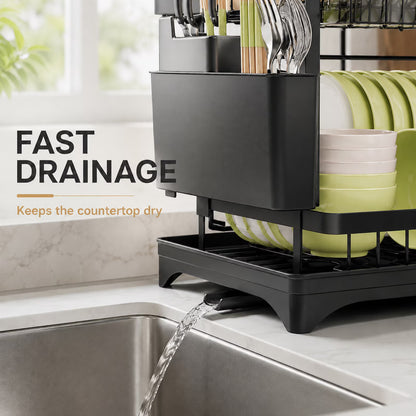 2-Tier Dish Drying Rack for Kitchen Counter, Stainless Steel Dish Drainer with Swivel Spout, Utensil Holder & Cutting Board Rack, Large Capacity Space Saver