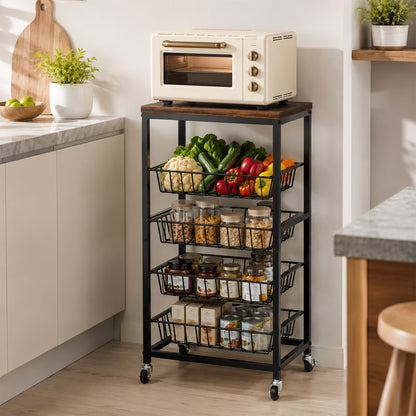 4 Tier Wheeled Snack Storage Trolley with Wooden Top & Pull Out Baskets, Mobile Rolling Fruit Vegetable Organizer Cart, Multiuse Rolling Storage Unit for Kitchen Pantry and Living Room, Brown