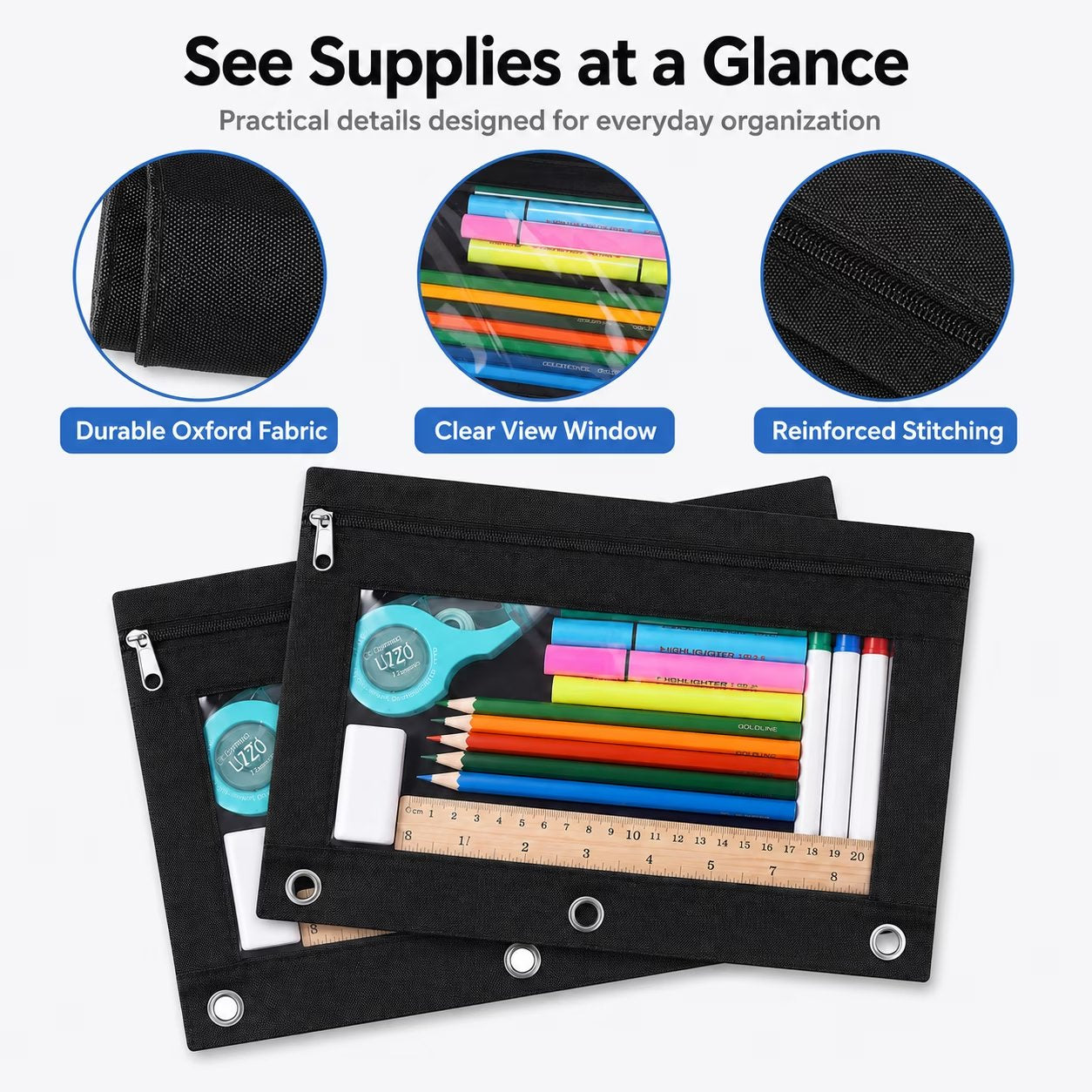 24 Packs Black Pencil Pouch for 3 Ring Binder, Binder Pouches with Zipper, 9.8 x 7.3 in Clear Window Zipper Pouch, Oxford PVC