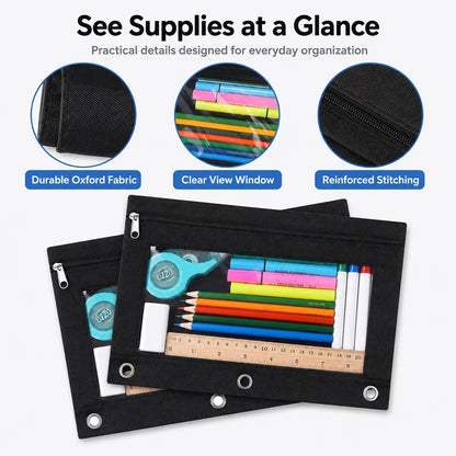24 Packs Black Pencil Pouch for 3 Ring Binder, Binder Pouches with Zipper, 9.8 x 7.3 in Clear Window Zipper Pouch, Oxford PVC