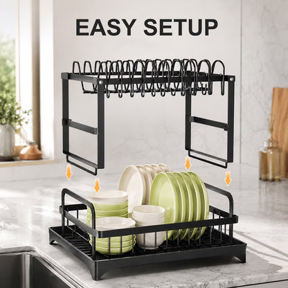 2-Tier Dish Drying Rack for Kitchen Counter, Stainless Steel Dish Drainer with Swivel Spout, Utensil Holder & Cutting Board Rack, Large Capacity Space Saver